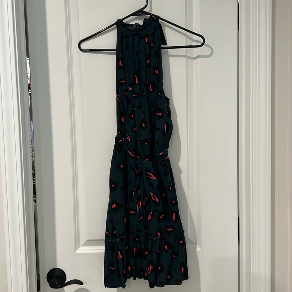 Green, black and salmon leopard print sleeveless halter dress with tie waist